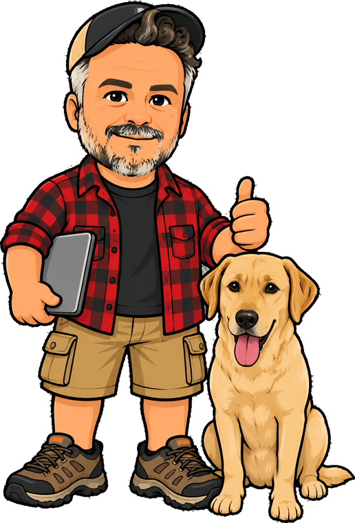 Shawn of Pecas Locas with his dog Nacho, illustrated